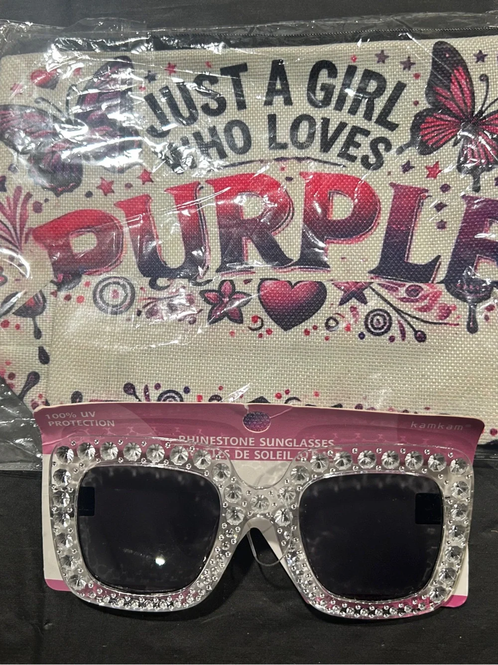 Makeup bag and Rhinestone Sunglasses - Clear Frame with Clear Crystals